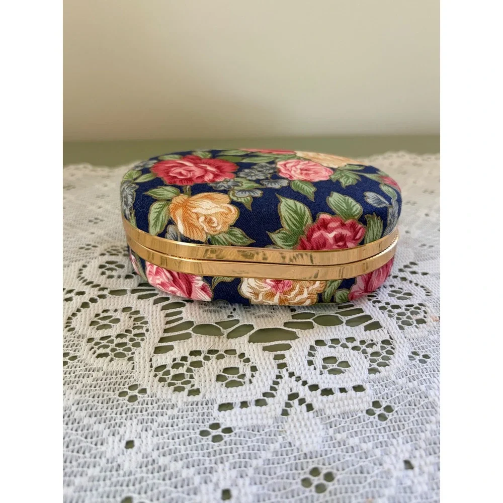 Vintage Floral Chintz Oval Jewelry Box Navy Blue Pink Rose Gold Tone Travel Case